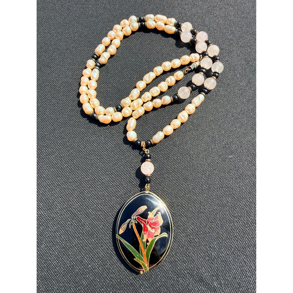 Vintage Necklace Pearl Rose Quartz Cloisonne Flower Pendant Womens Pink Cream - Picture 5 of 12
